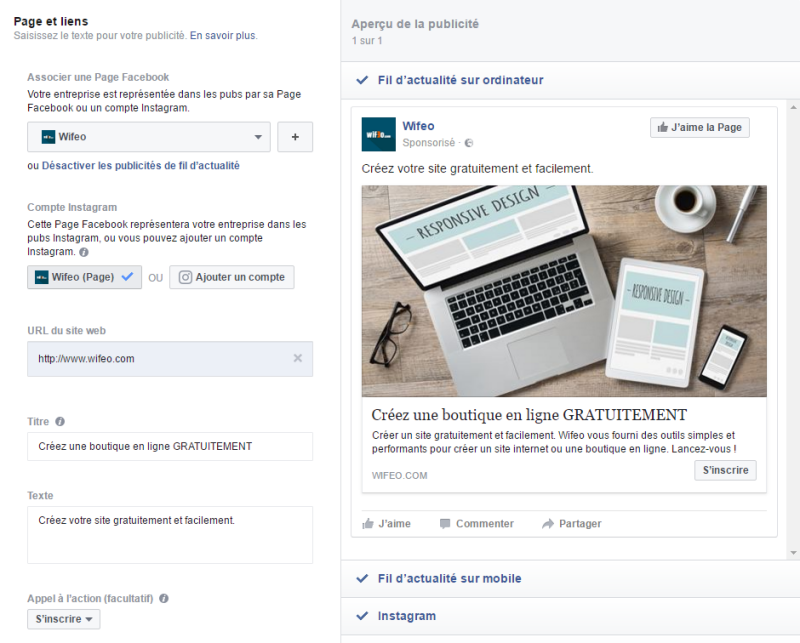 Création d'une publicité Facebook