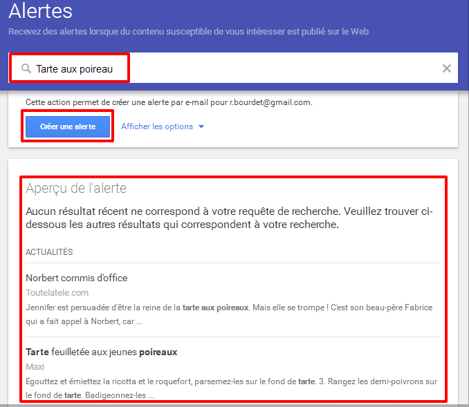Création d'une alerte sur Google alerte
